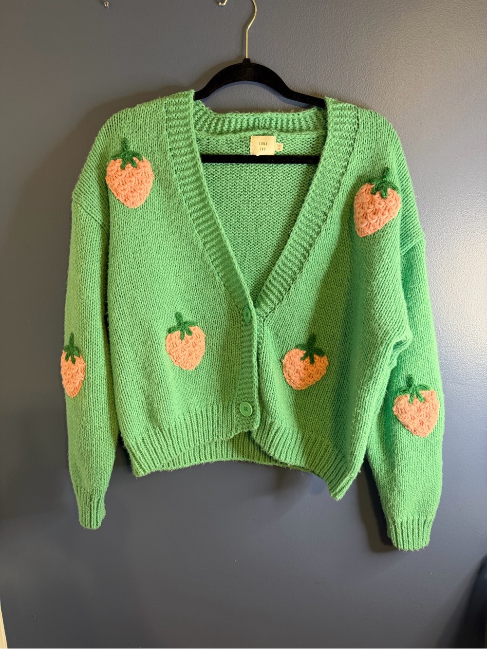 Luna Ivy Green Strawberry-Appliqué Cropped Cardigan Sweater XS
